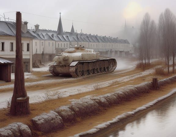 A pure white (3.0) ghostly tank that rolls on its own through a Russian village with houses. Analogous colors. Diffuse l...