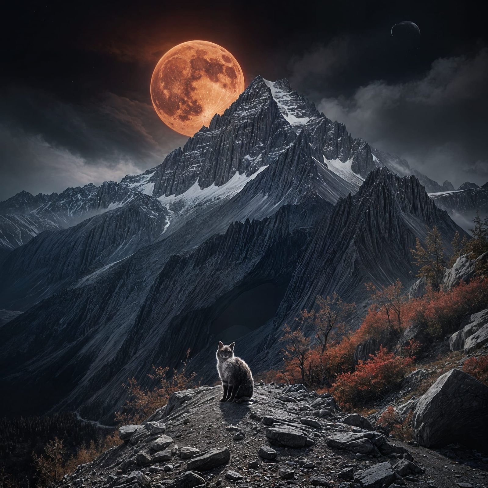 Scary Mountain at Night with Red Moon and Dragon