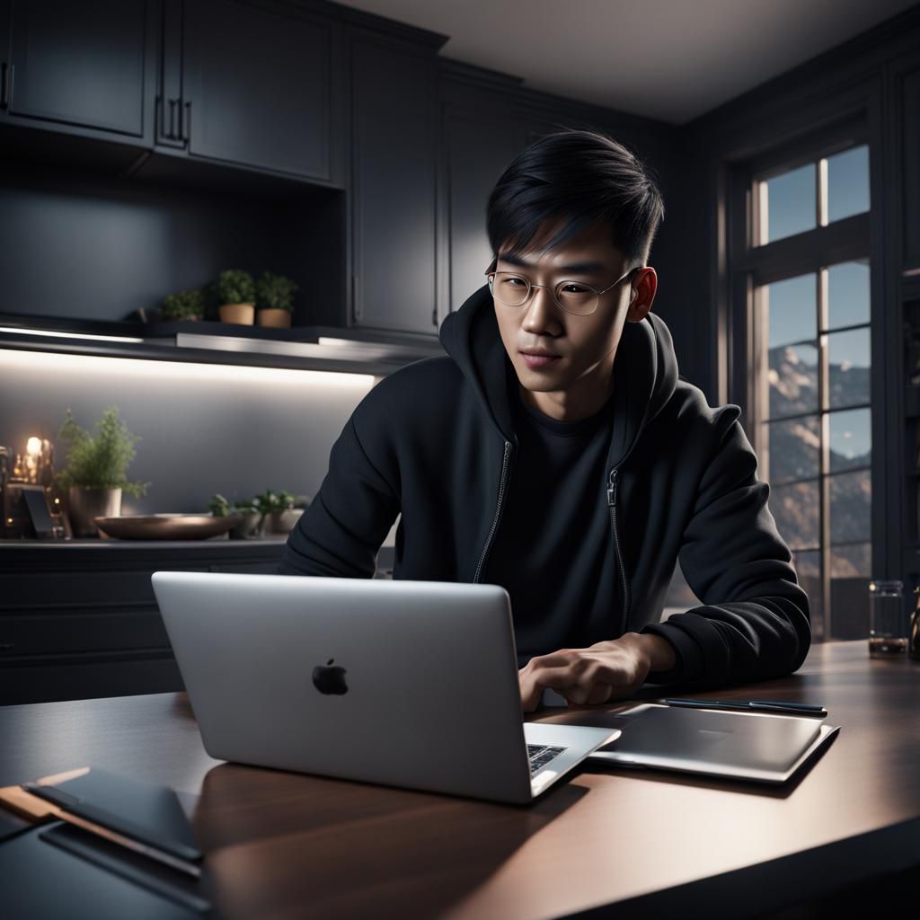 Young Man Working at Sleek Table, Digital Art