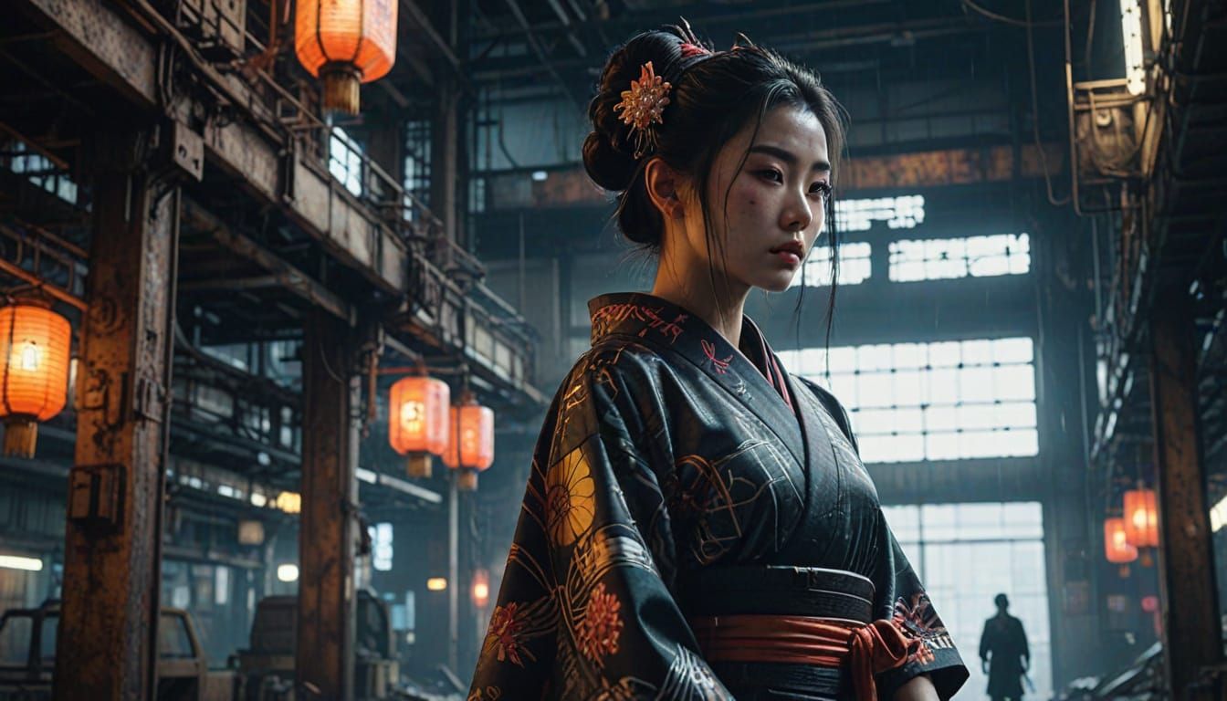 Cyberpunk Geisha in Abandoned Factory