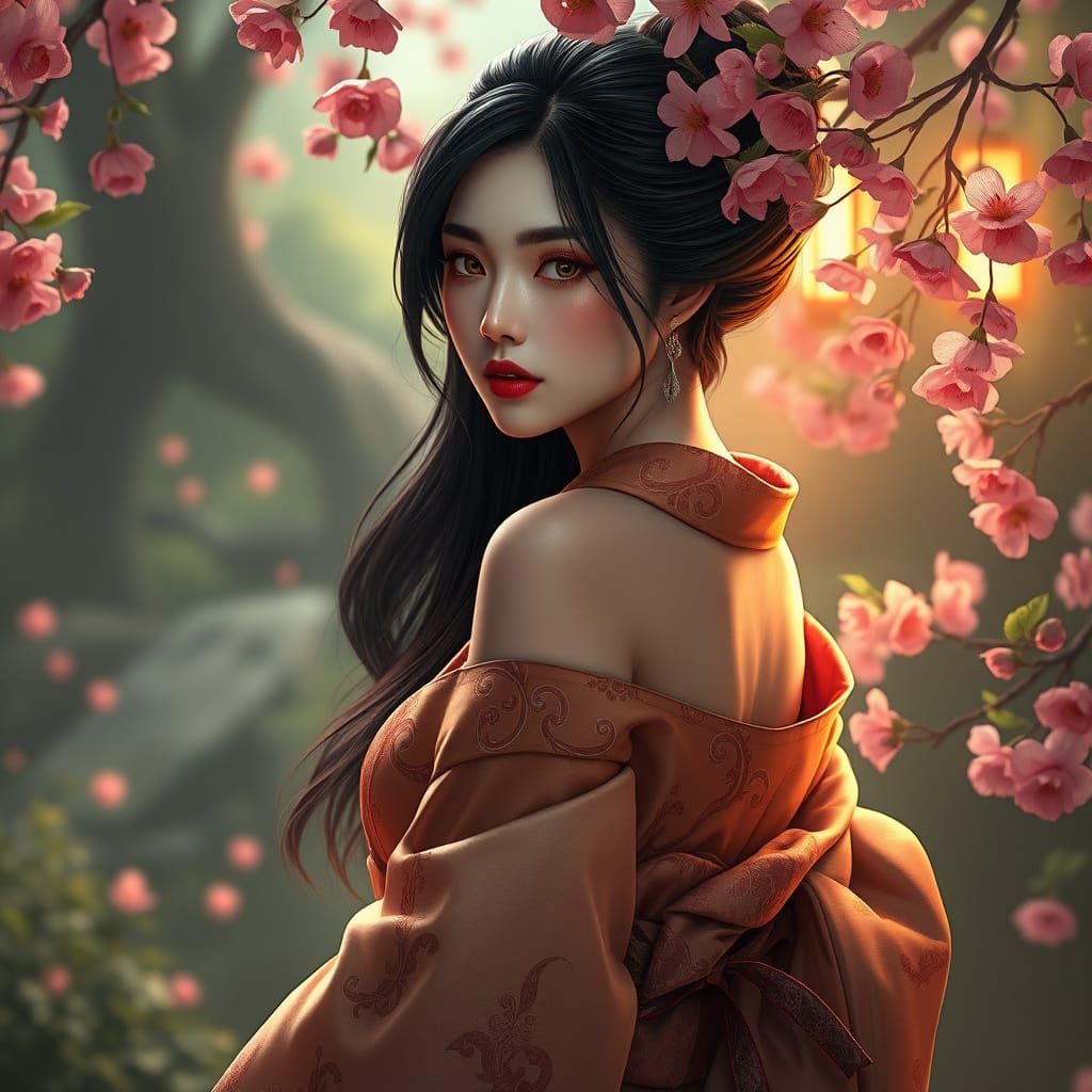 Elegant Geisha in Whimsical Cherry Blossom Paradise