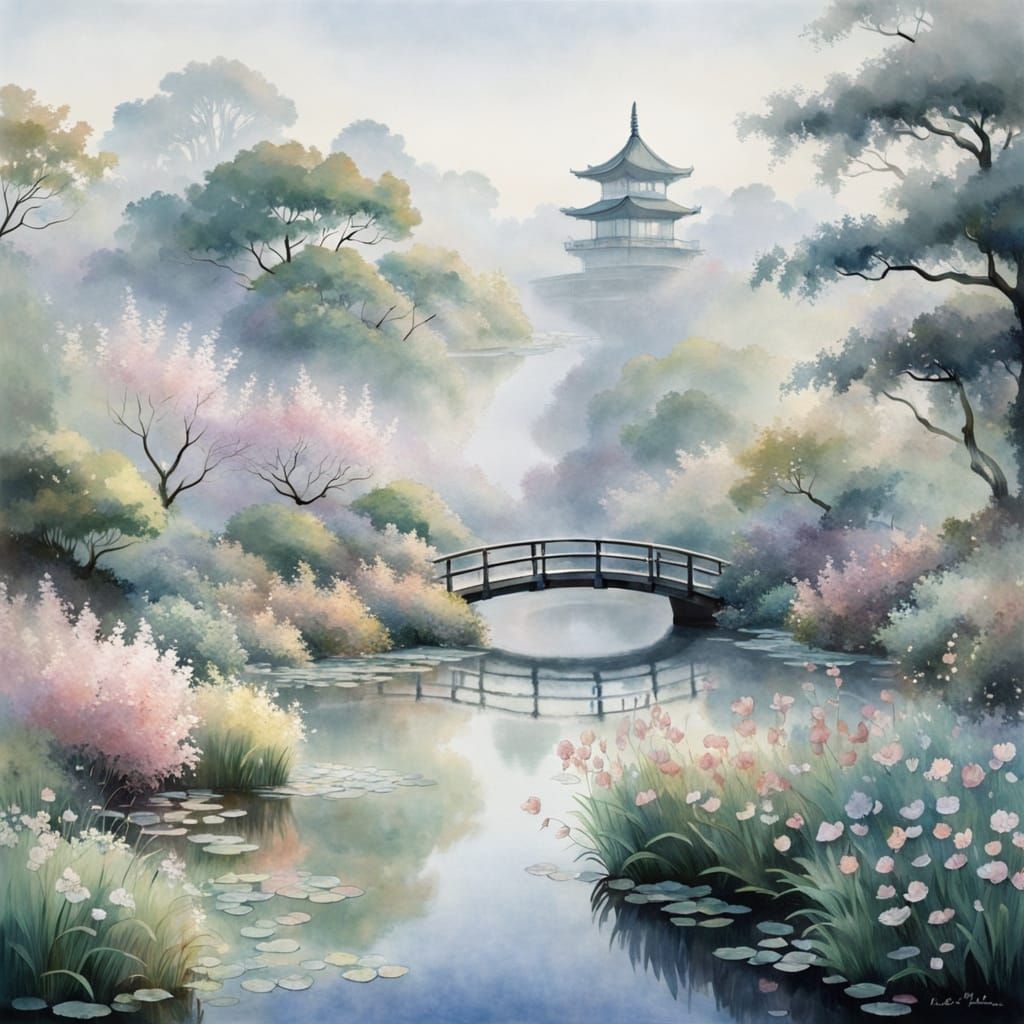 Impressionist Japanese Garden in Morning Mist
