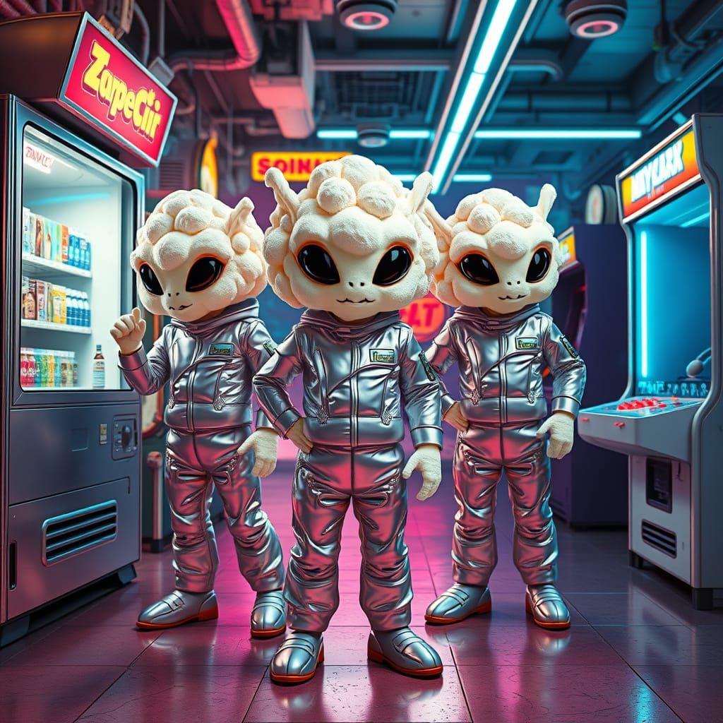 Alien space invaders made of fluffy white popcorn, with intr...