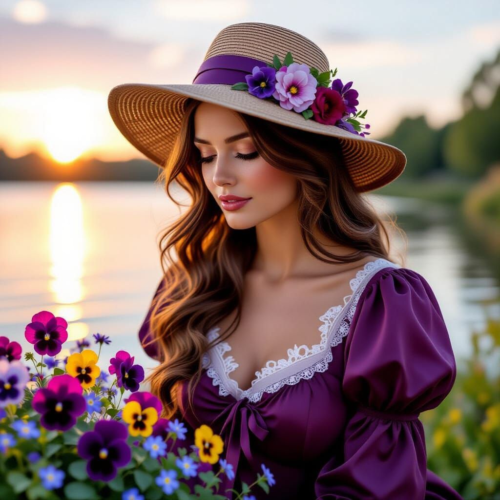 Woman with Floral Hat in Lakeside Setting