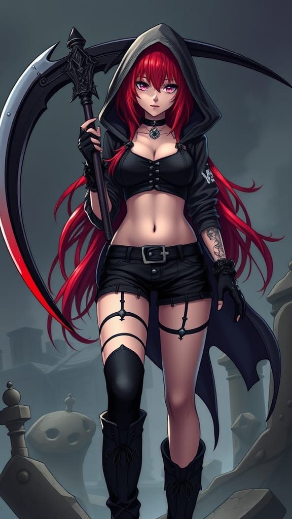Crimson-Haired Reaper in Anime Style