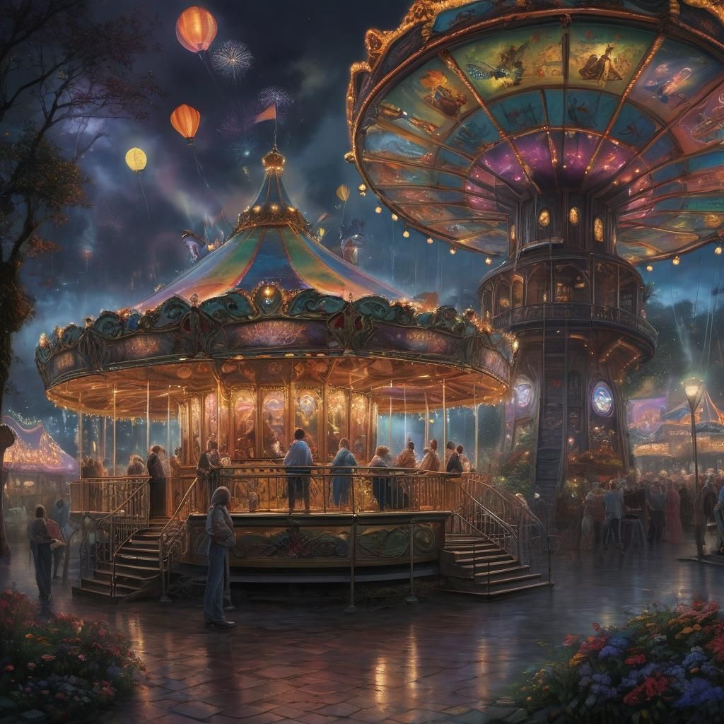 Extraordinary Carnival Ride at Night in Kinkade Style