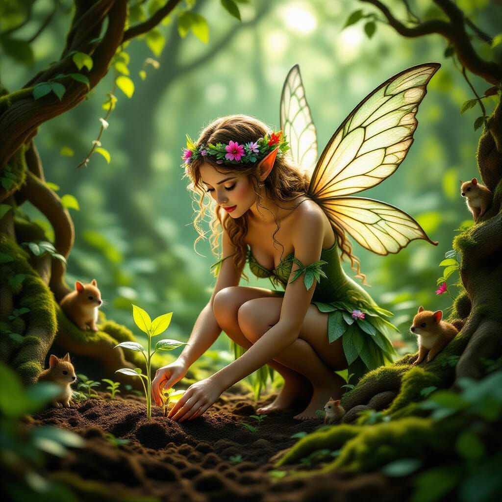 Fairy Tending Glowing Seedlings in Lush Fantasy Forest
