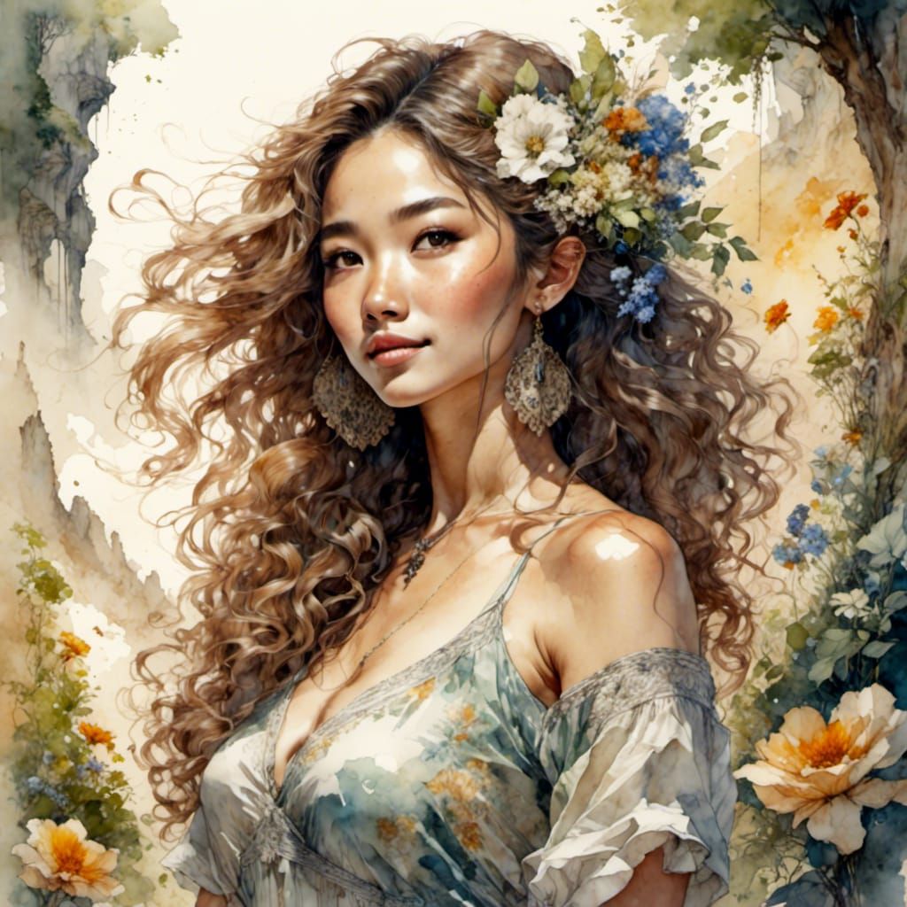 beautiful asian woman dressed in sun dress, happy, smiling,