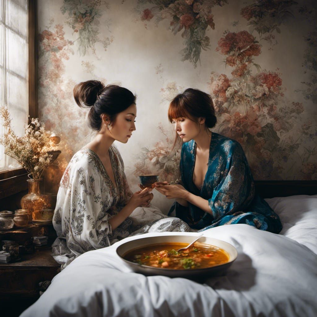 Woman Attending Sick Friend in Bedroom