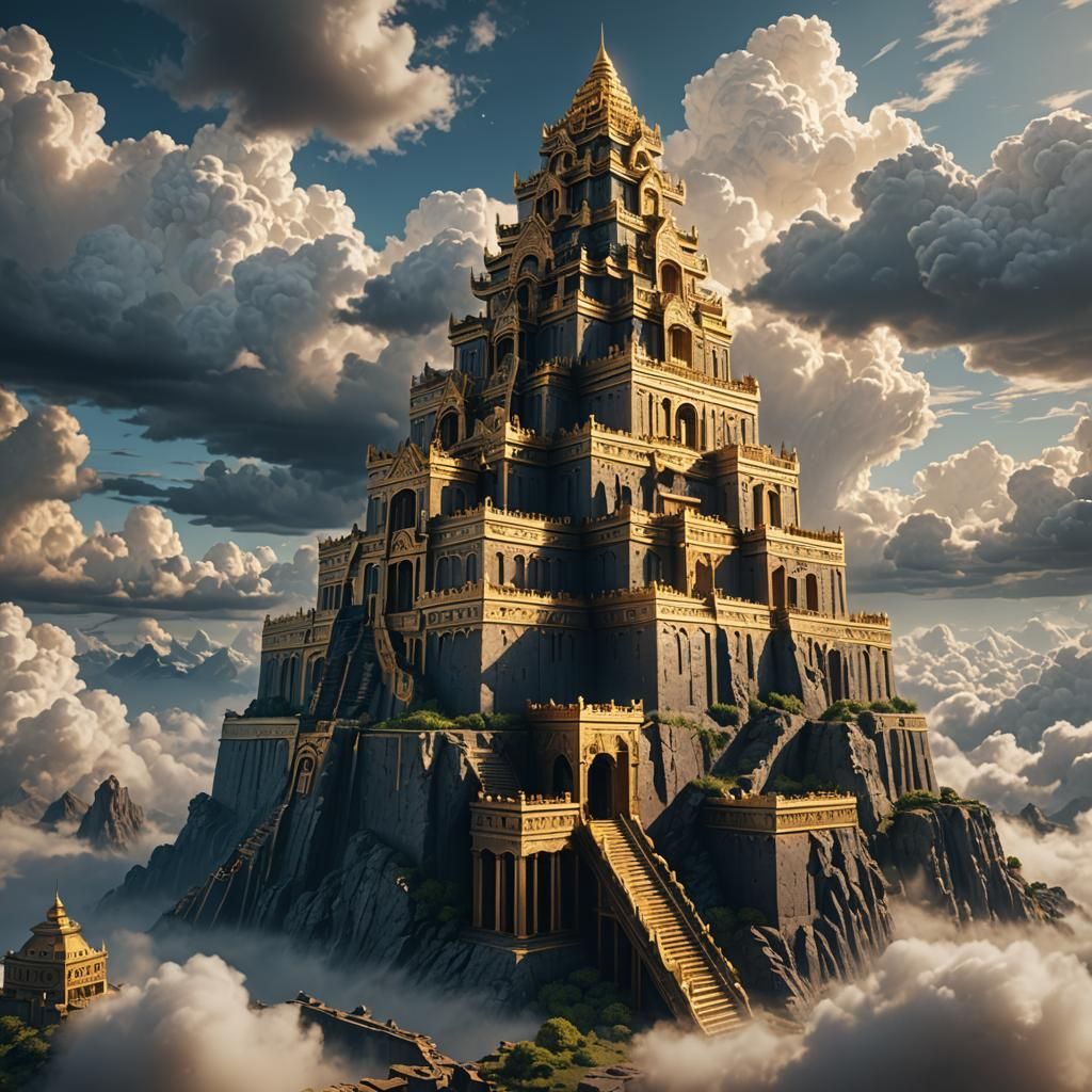 Golden Ziggurat Reaching to Cloudy Sky