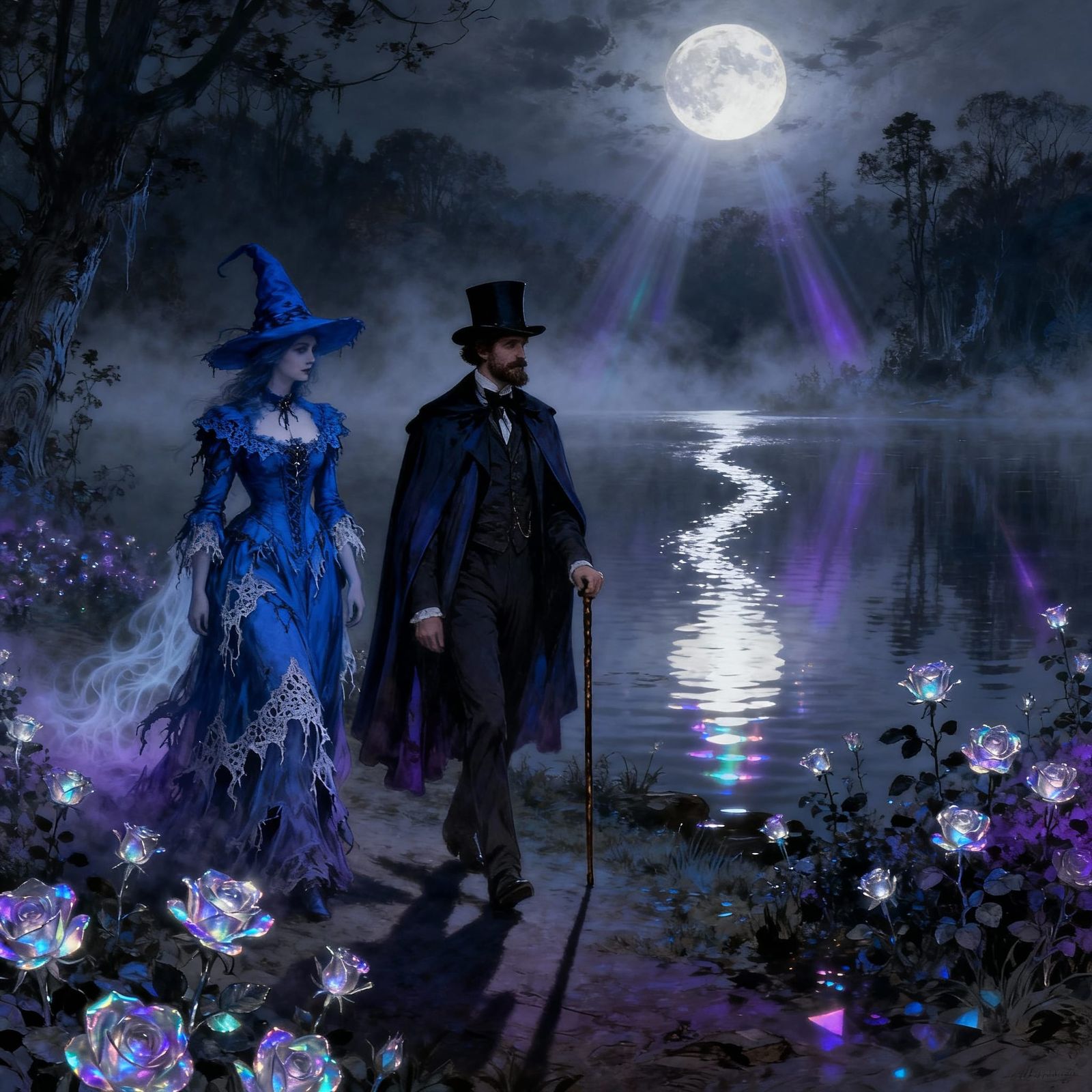 Gothic Couple's Ethereal Lake Stroll in Rose Garden
