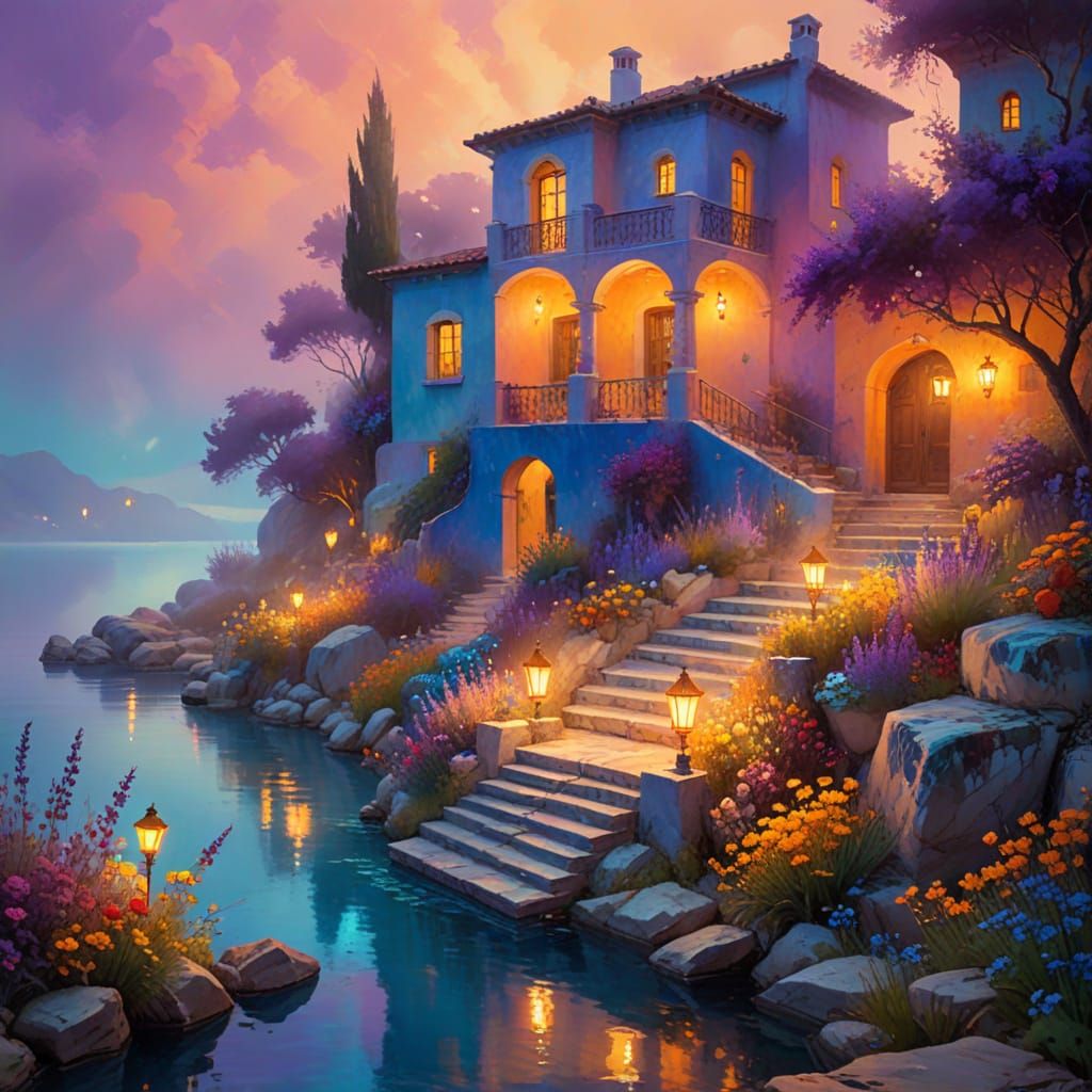 Dreamy Mediterranean Villa in Vibrant Oil Painting Style