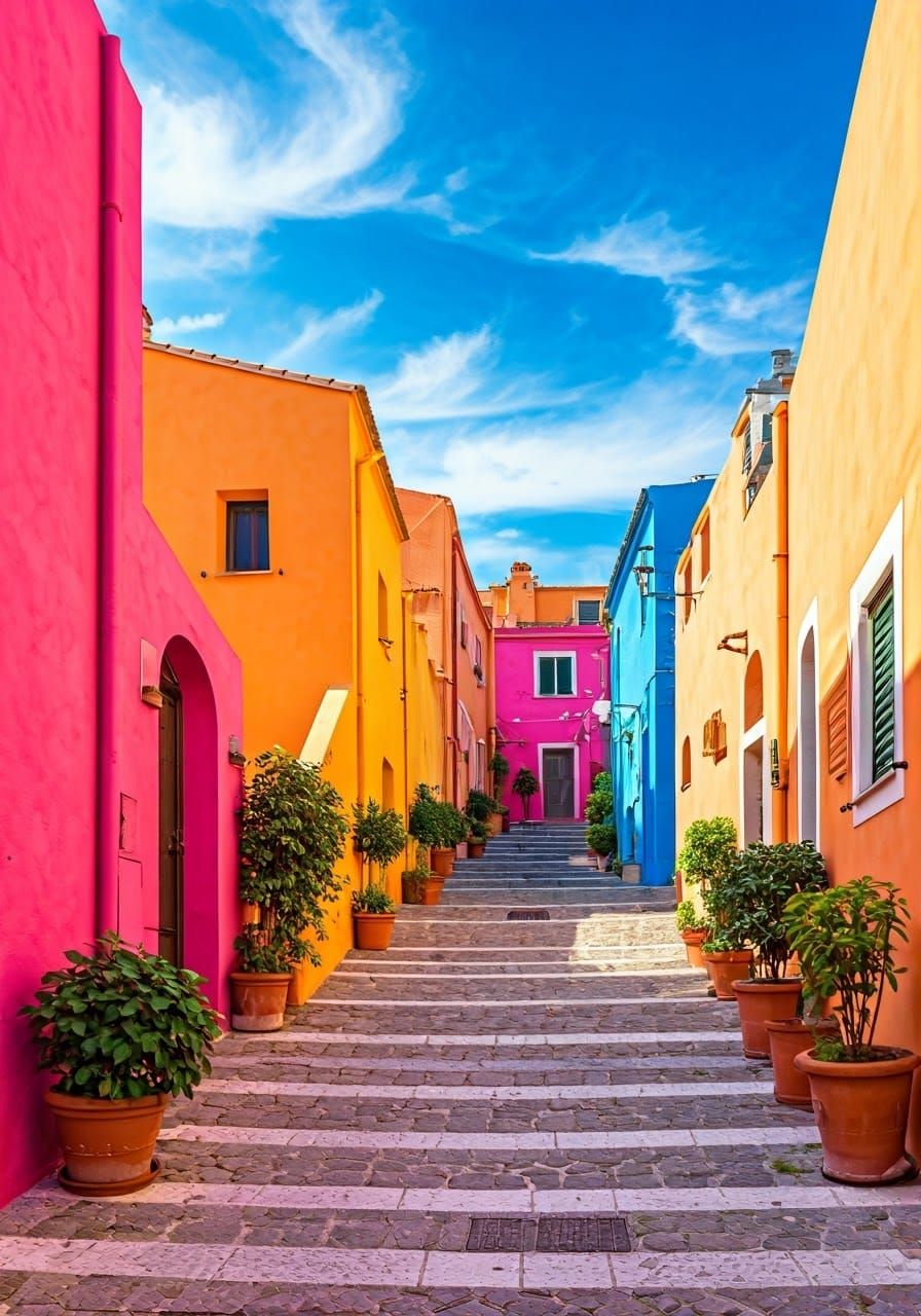 Vibrant Mediterranean Cityscape with Bright Colors and Whims...
