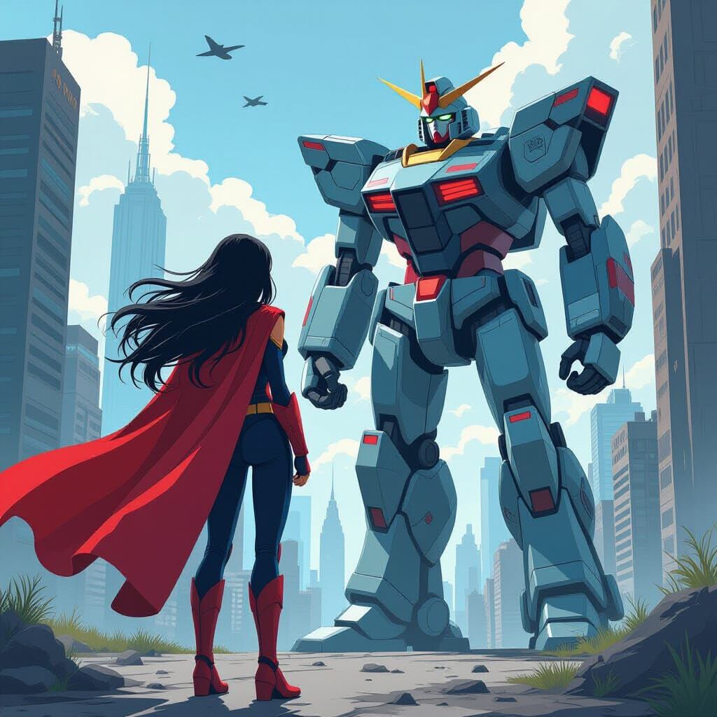 Supergirl and Robot Guarding Cyberpunk City