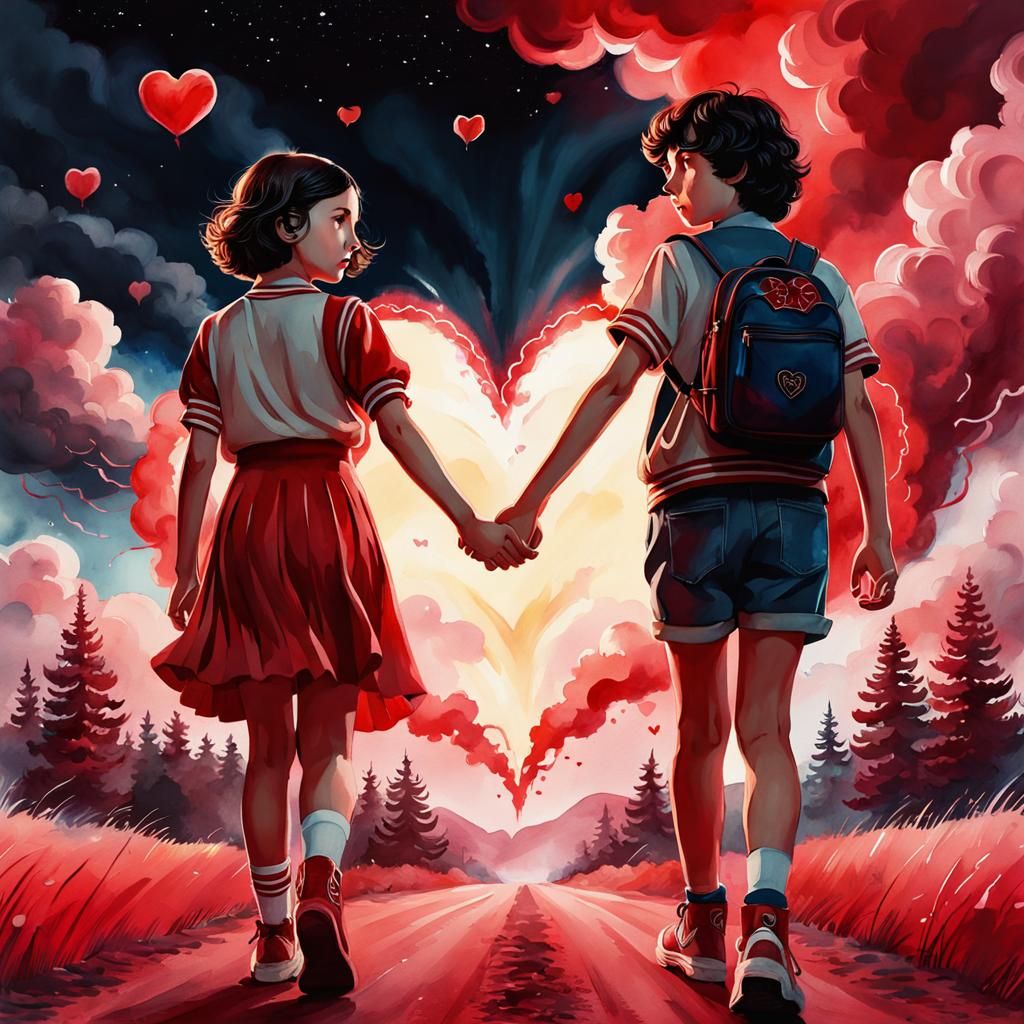 Watercolor Painting of Two Figures Holding Hands