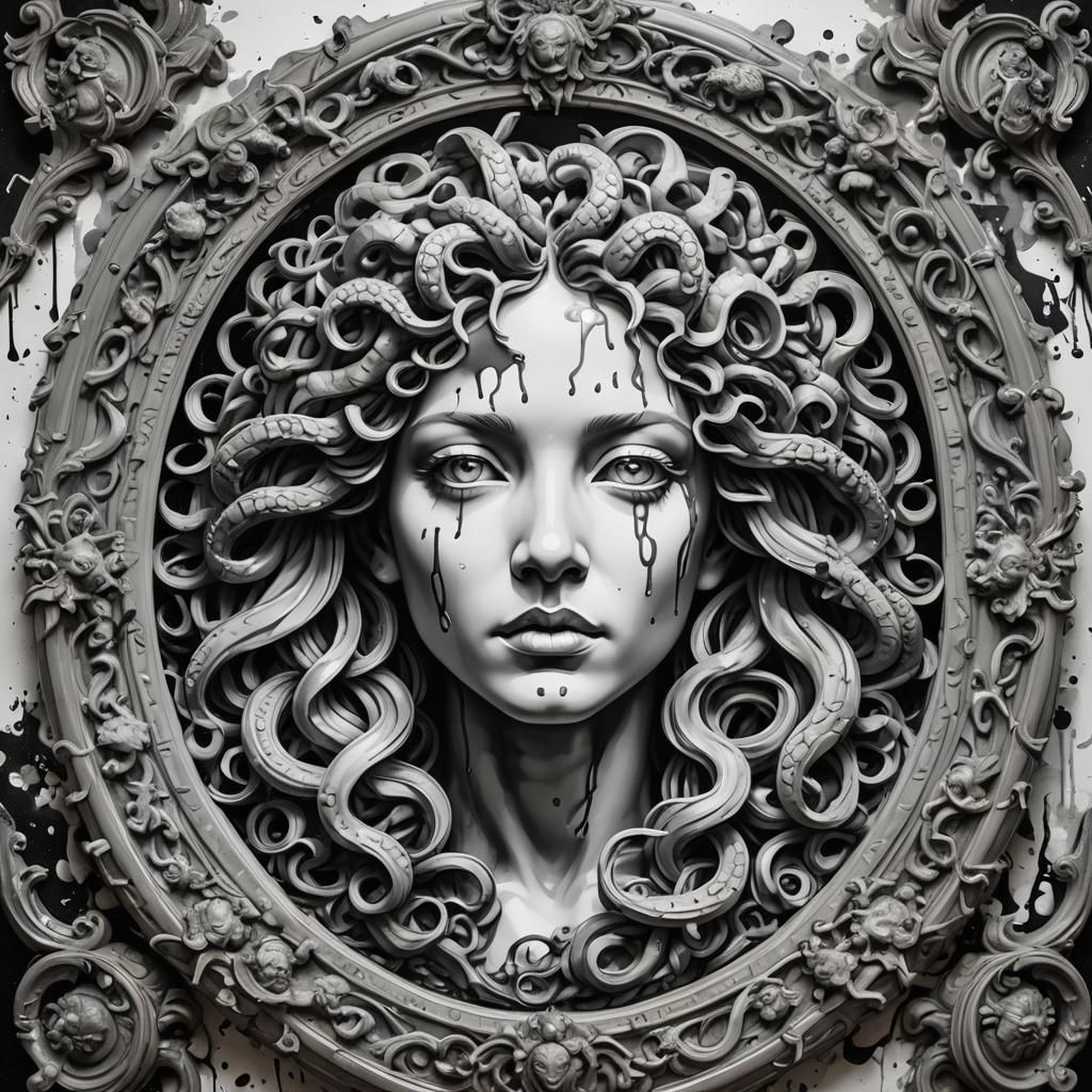 Medusa Portrait in Black and White Graffiti Art