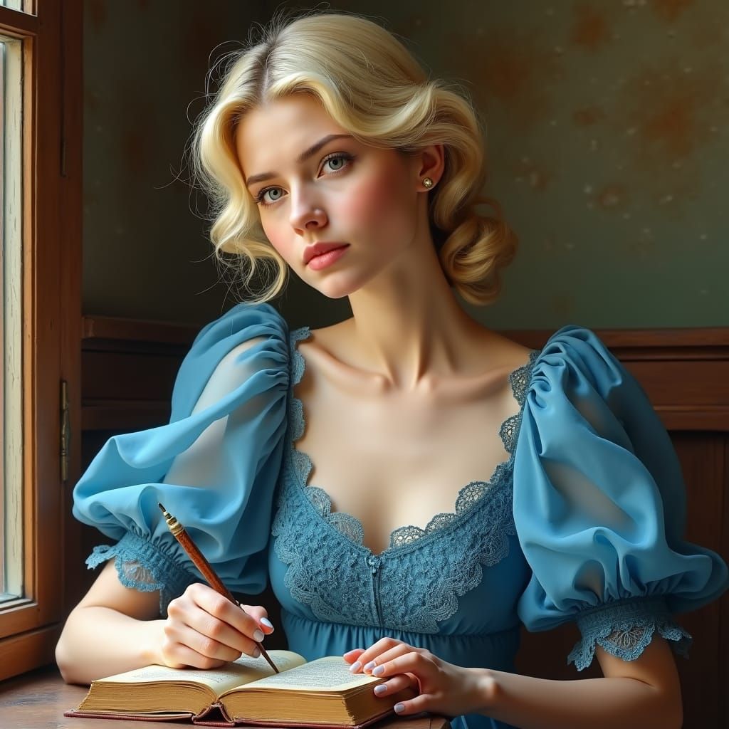 Elegant Lady Reading: Impressionist-Style Portrait