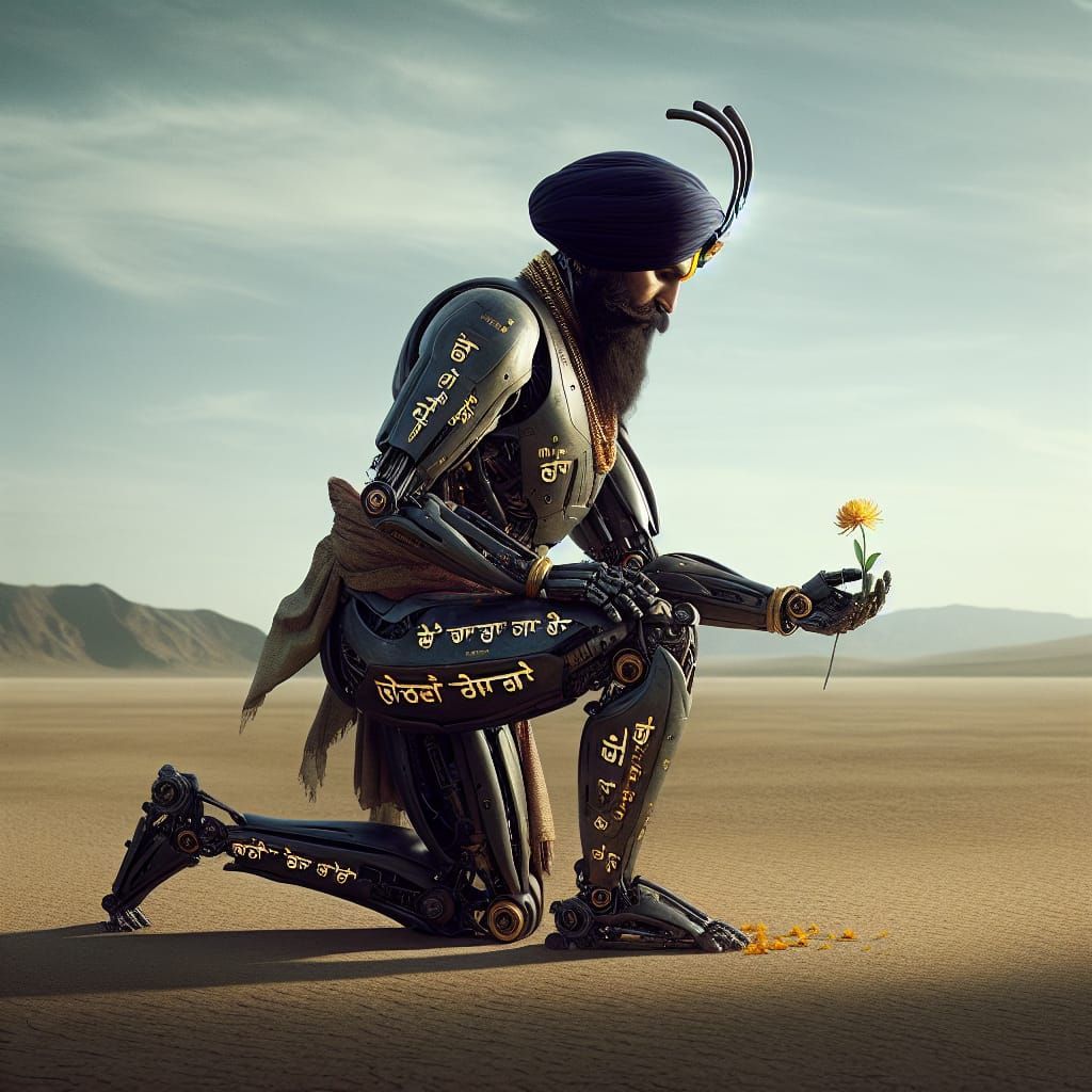 Sikh King in Futuristic Exoskeleton Picking Flower