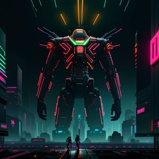 Cyberpunk Ruin Awakens Amidst Electric Orange Neon Storm