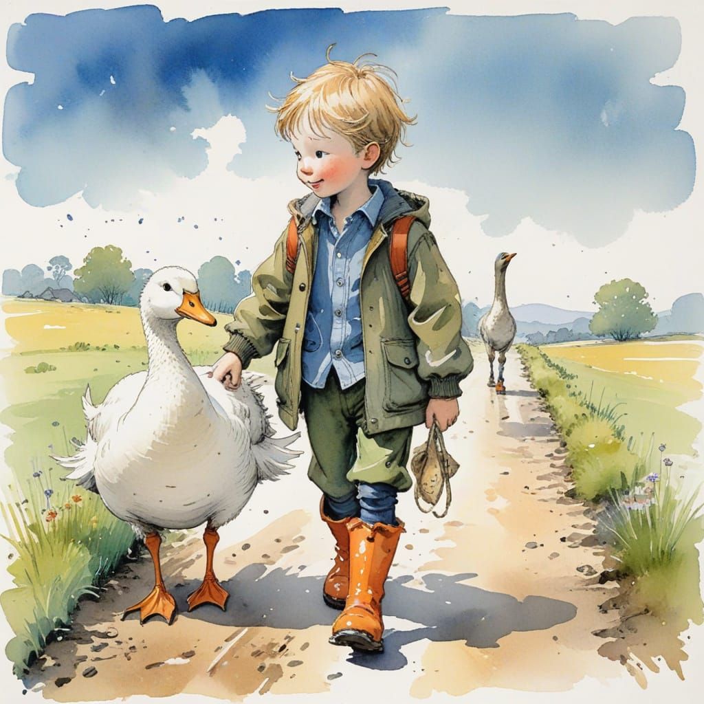 Little Boy and Goose Stroll Together in Whimsical Style