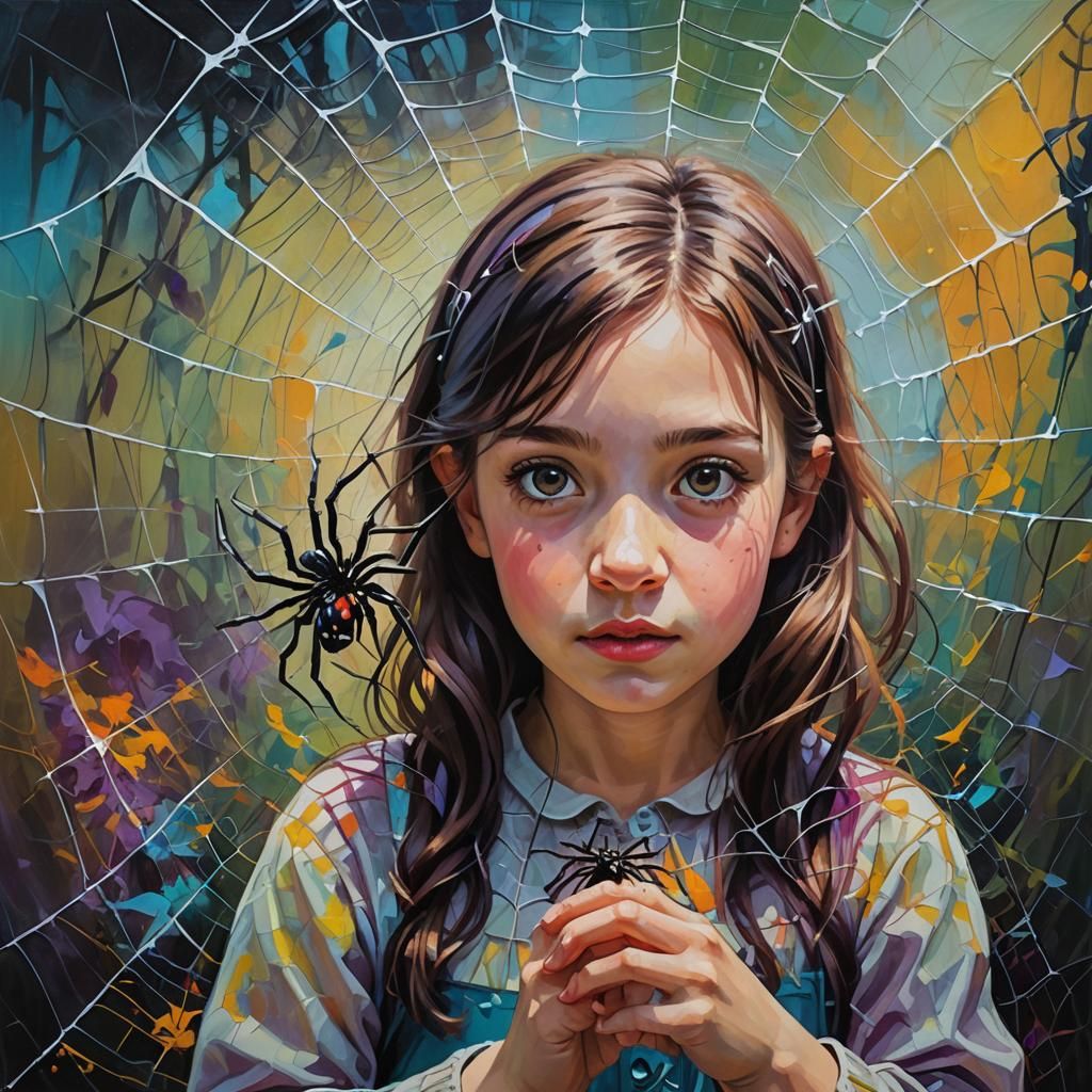 Girl Holding Spider: Bright Oil Painting