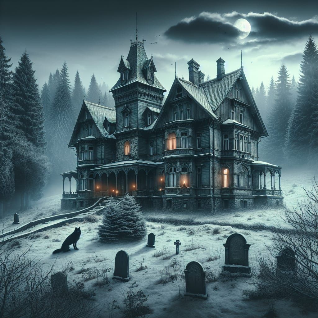 Eerie Haunted Mansion in Winter Night