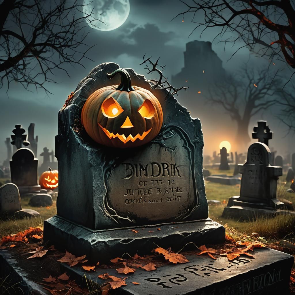 Haunted Pumpkin in Misty Cemetery: Dark Fantasy Illustration