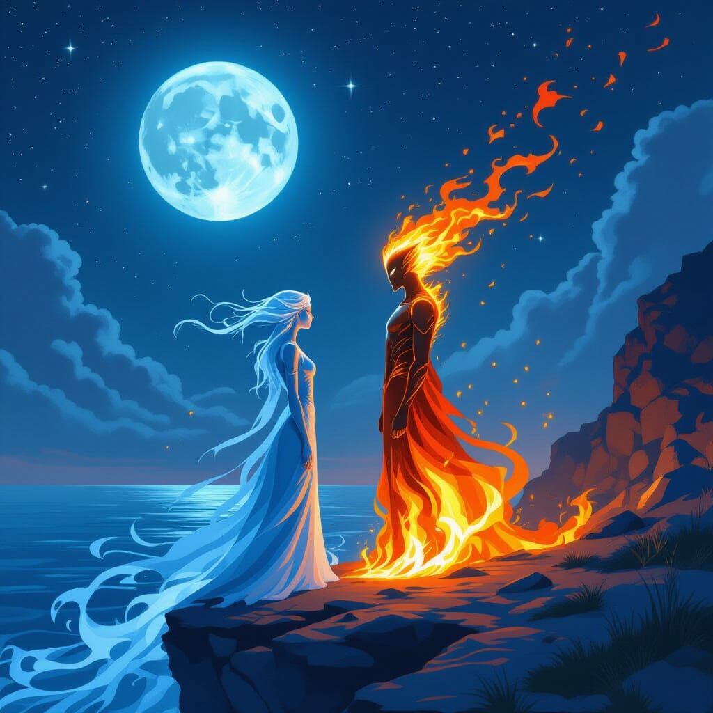 Water and Fire Entities in Starry Landscape