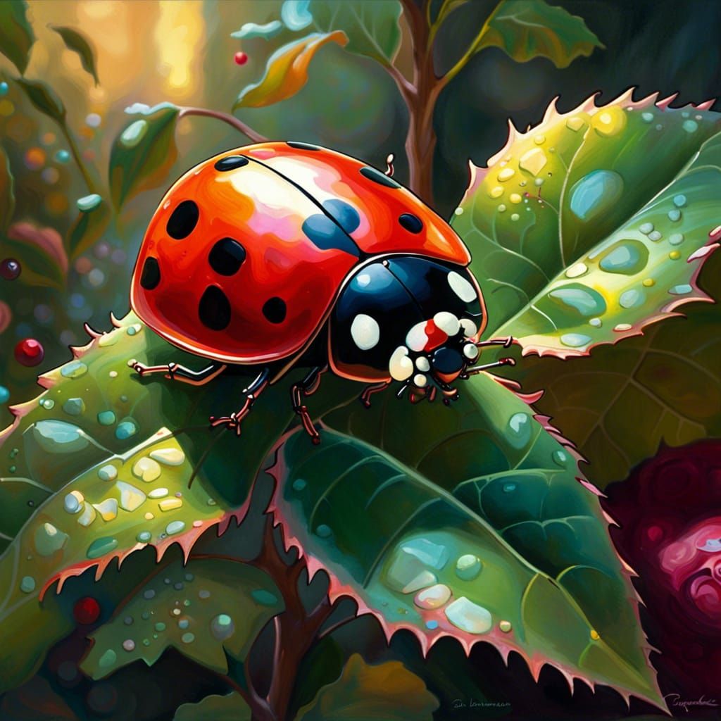 Shimmering Rose with Ladybug in Oil Painting Style