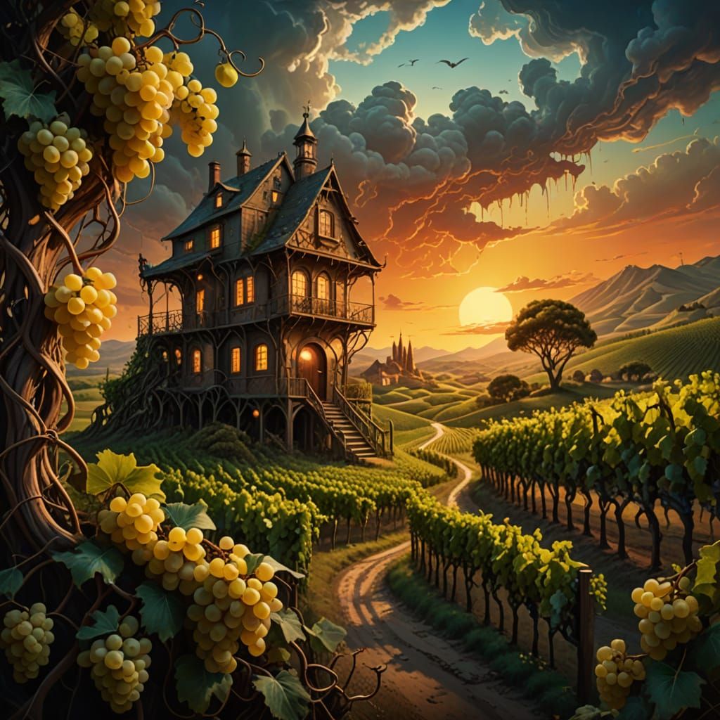 Surreal Vineyard Clockwork Dreamscape in Golden Hour