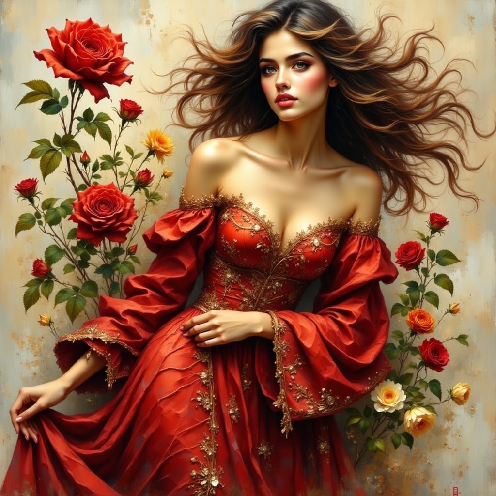 Elegant Woman in Red Dress with Floral Background