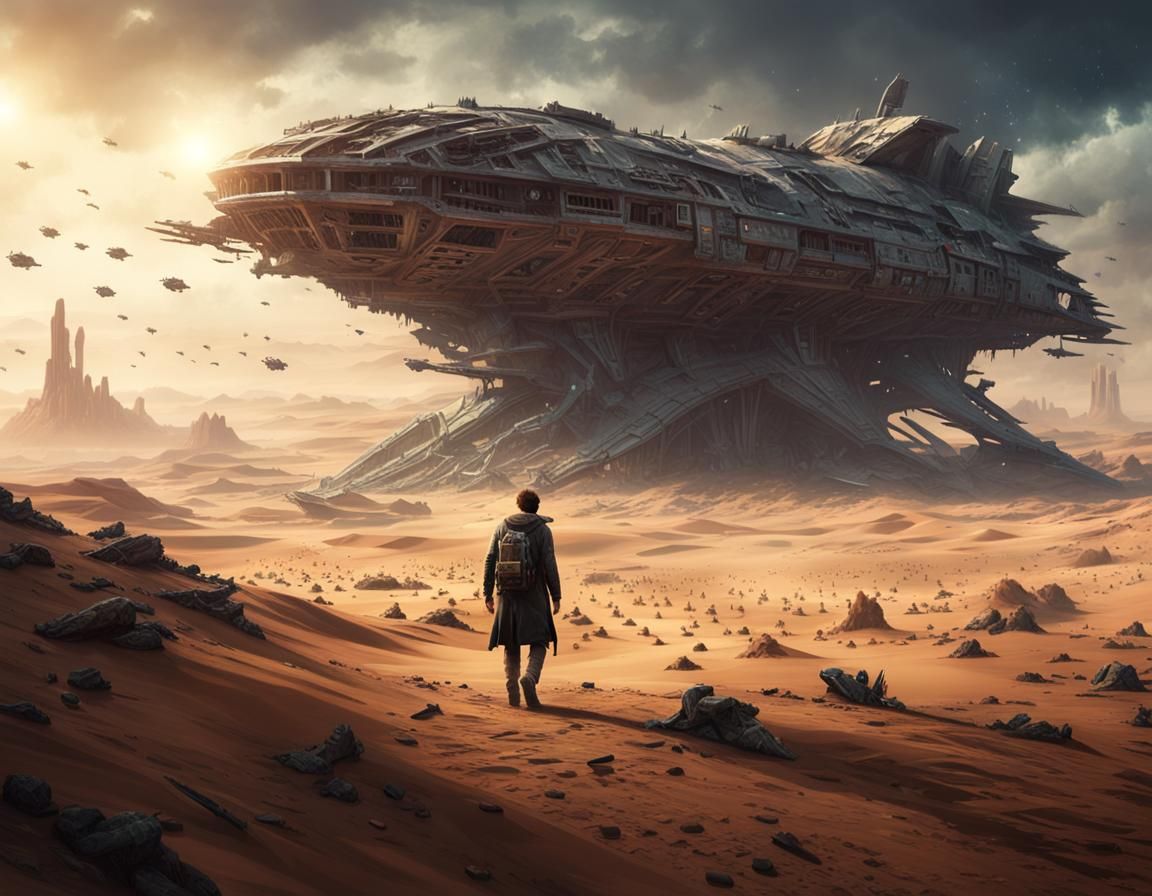Dystopian Desert Wanderer Scavenging Crashed Starship
