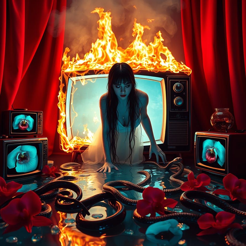 Diabolic Woman Emerges from Burning TV into Gemstone Pool