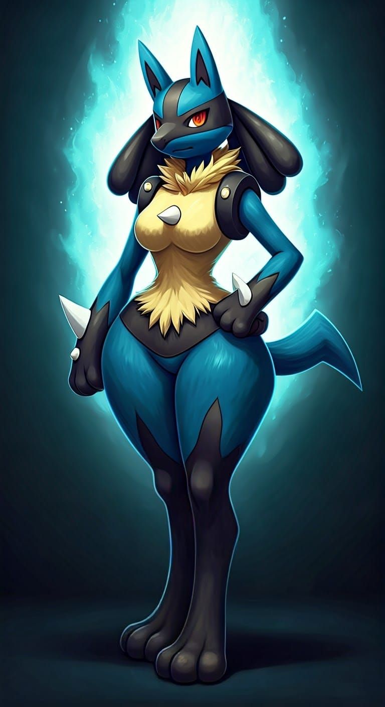 Elegant Blue Pokémon Woman in Cyberpunk Style