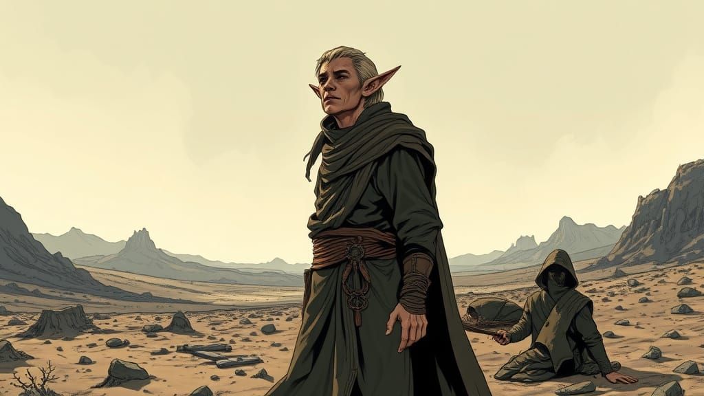 Elf Rising in Barren Landscape, Comic Book Art