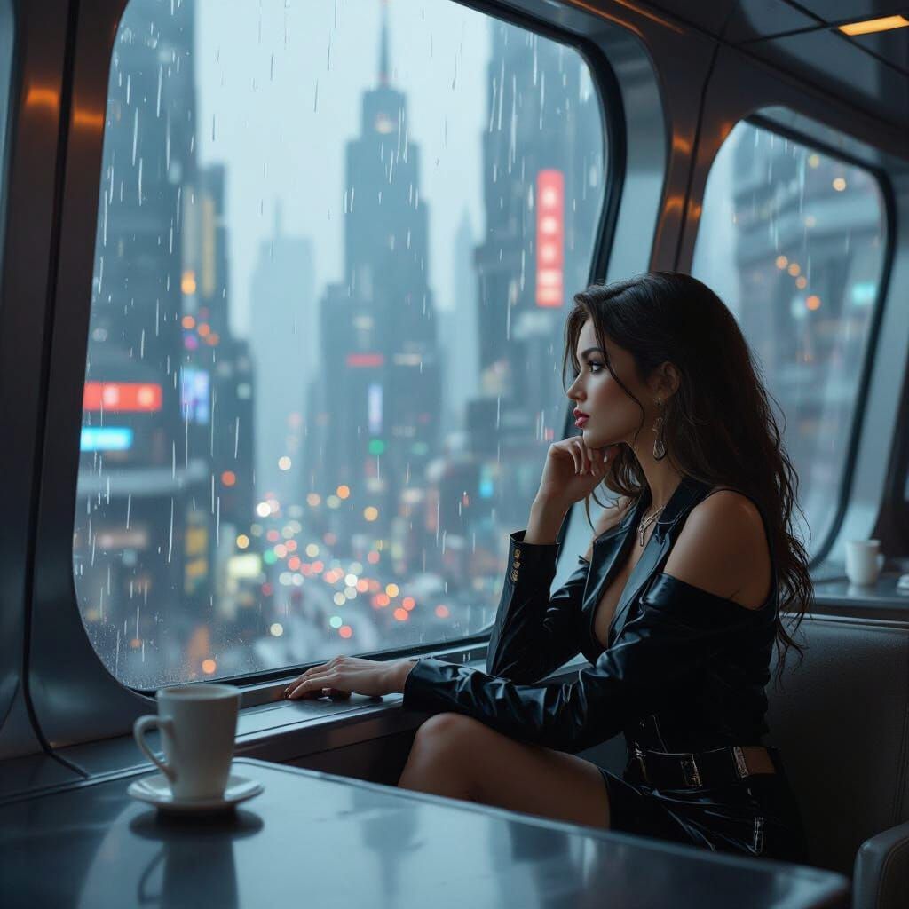 Rainy Day in a Futuristic Cafe