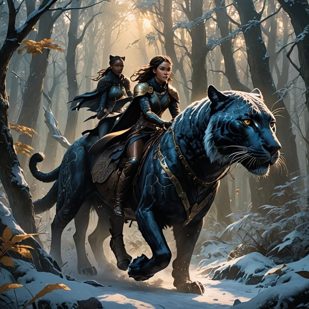 Girl Rides Ice Panther in Mystical Forest