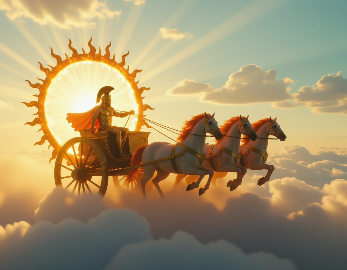 Helios, Sun God, Drives Fiery Chariot Across Sky