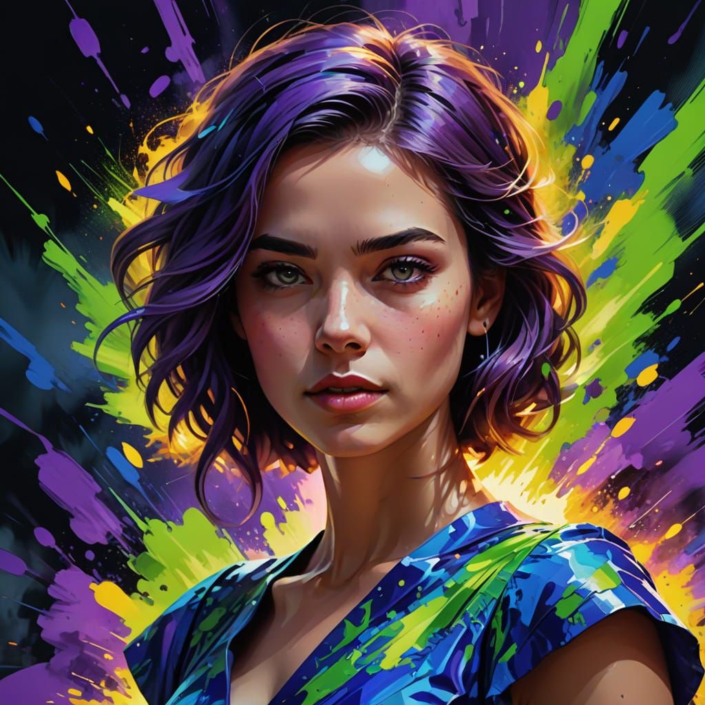 Woman in Blue Dress: Vibrant Digital Art with Bold Colors