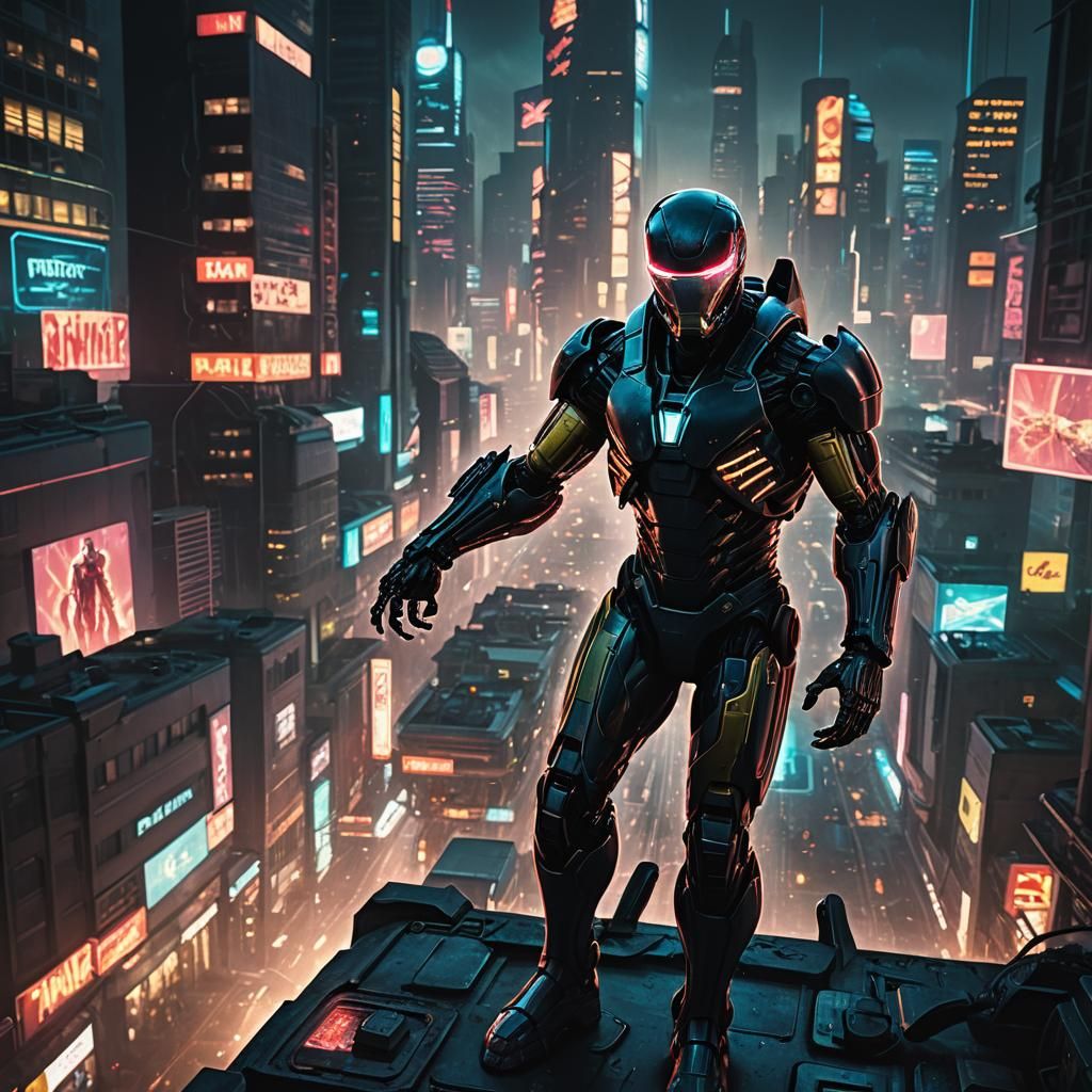 Iron Man vs. Xenomorph in Neon Cityscape
