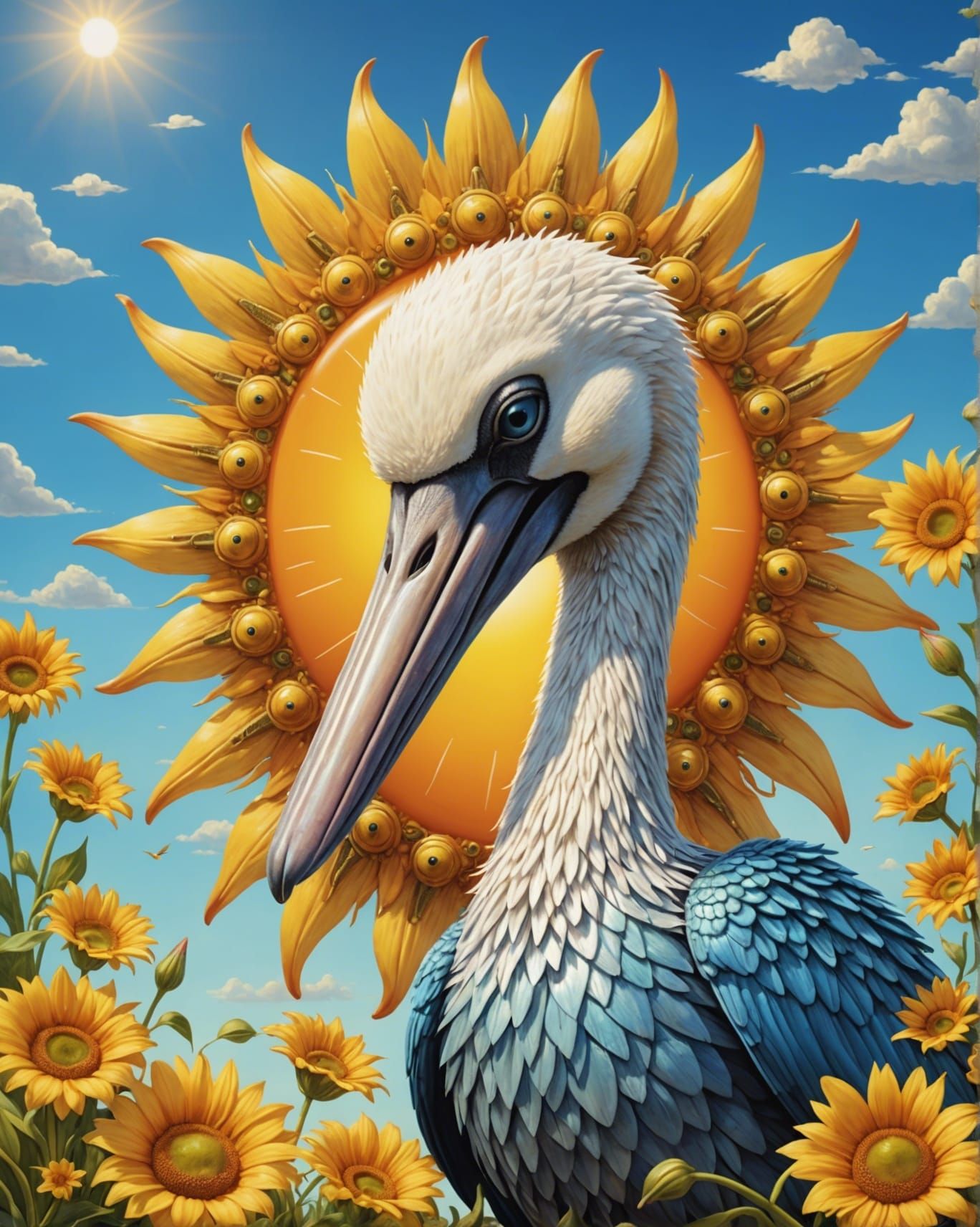 Cute Pelican Sun in Floral Garden, 3D Render