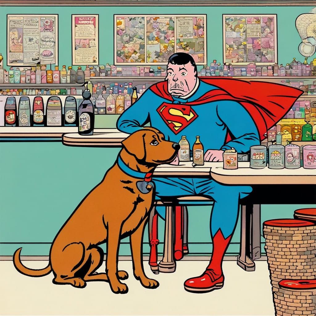Vintage-Style Superman Sips Milkshake with Faithful Canine C...