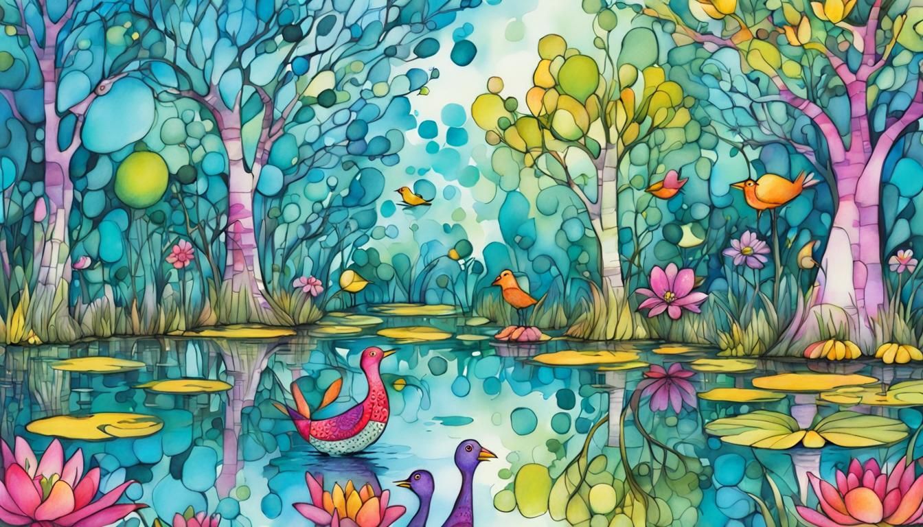Whimsical Fantasy Village with Doodle Birds