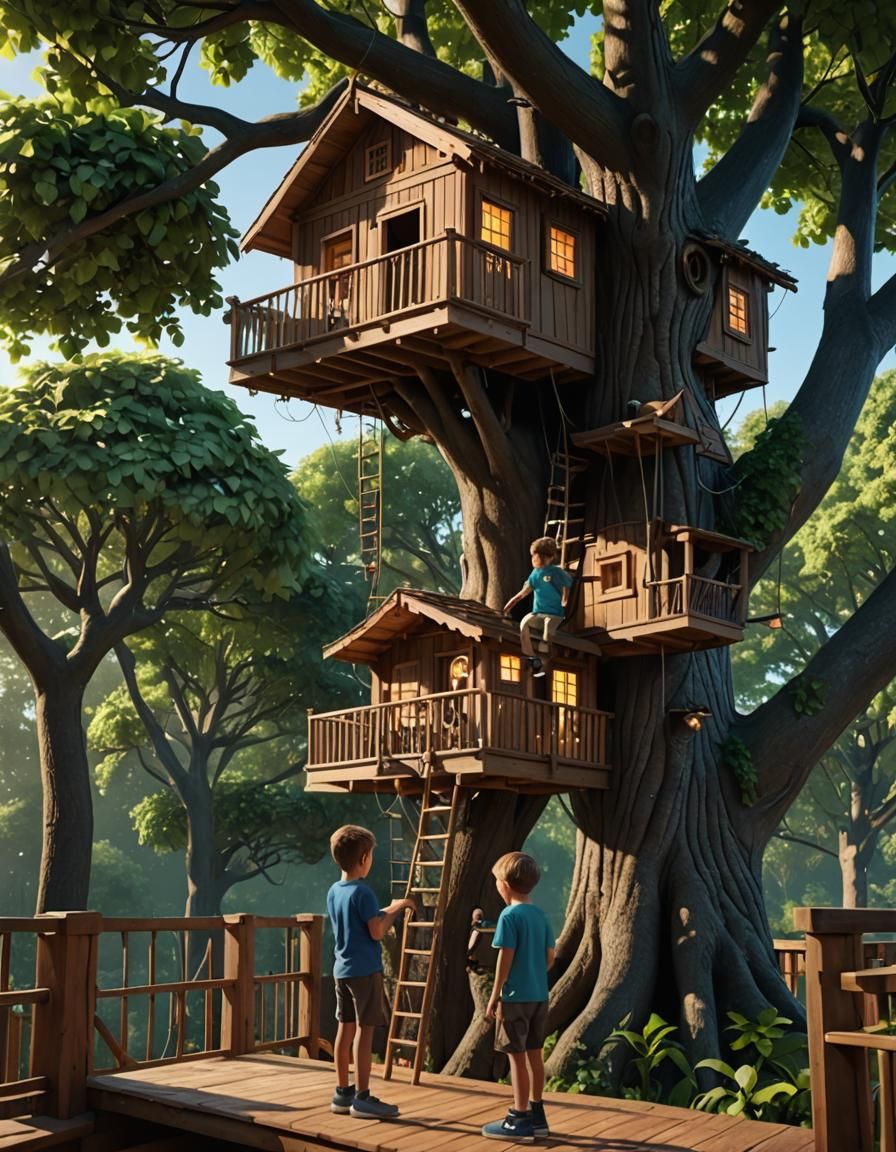 Children Building a Fantastical Treehouse Together