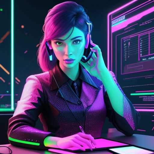 Futuristic Secretary in Neon-Lit Office: Digital Art