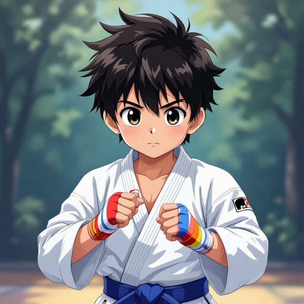Anime Boy in Judo Gi Taping Fingers in Anime Style