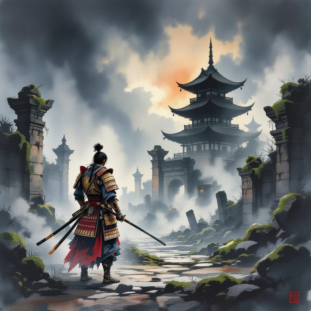 Crimson Samurai in Ancient Ruins Ink Wash Painting