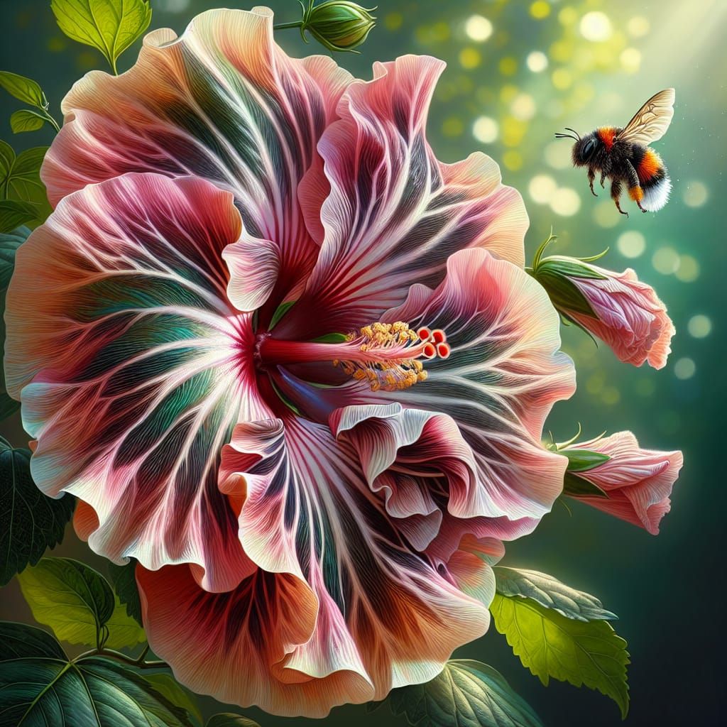 Detailed Macro Portrait of Hibiscus with Bee