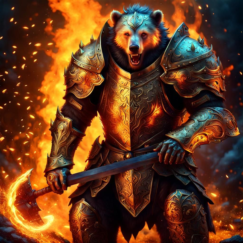Magnificent Fire Bear Knight in Golden Armor
