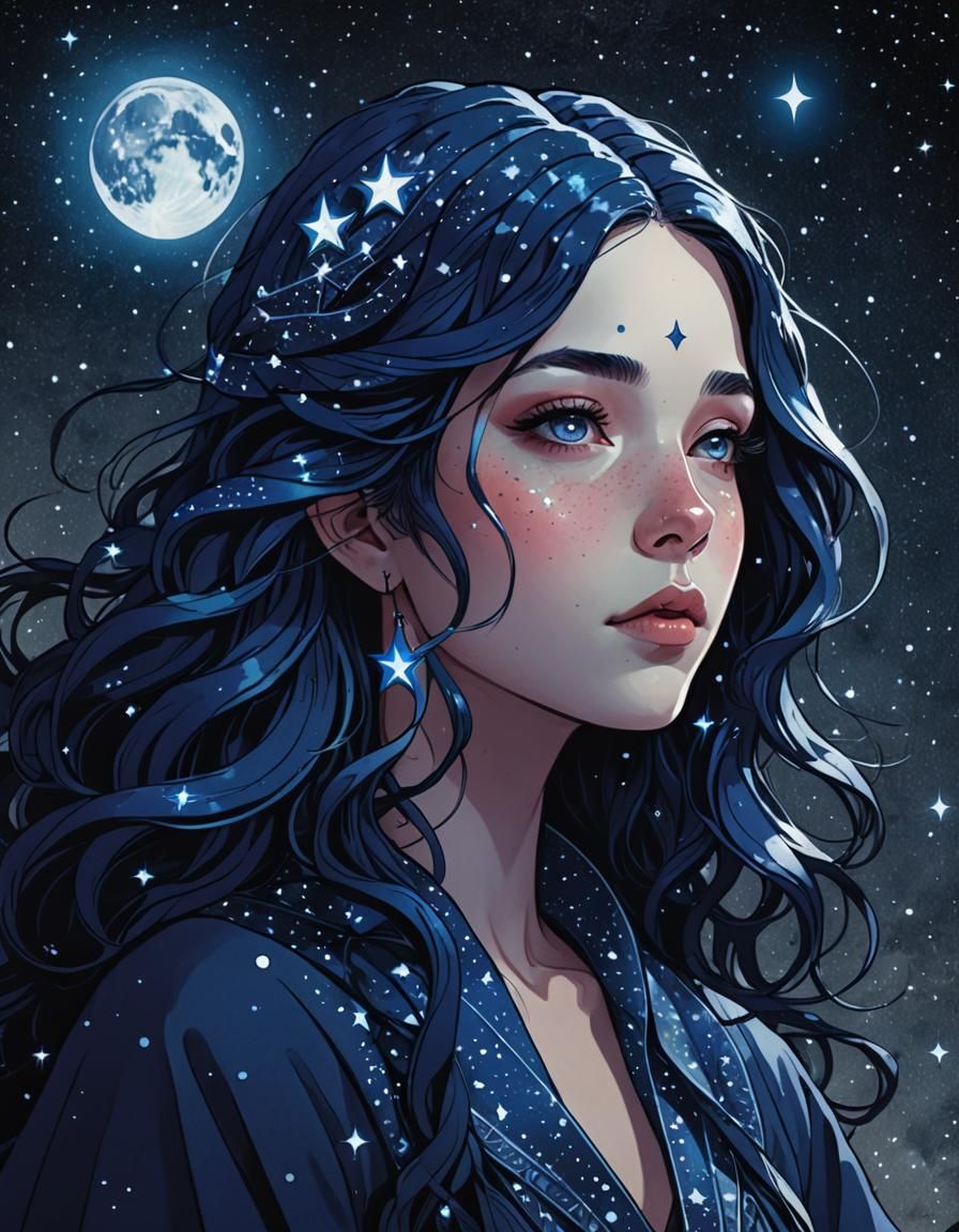 Beautiful Starry Priestess of the Night in Anime Style